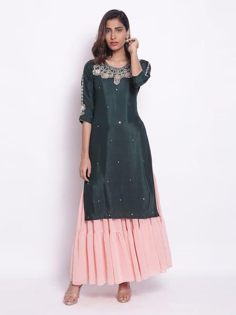 w dark teal kurta with embroidered neck