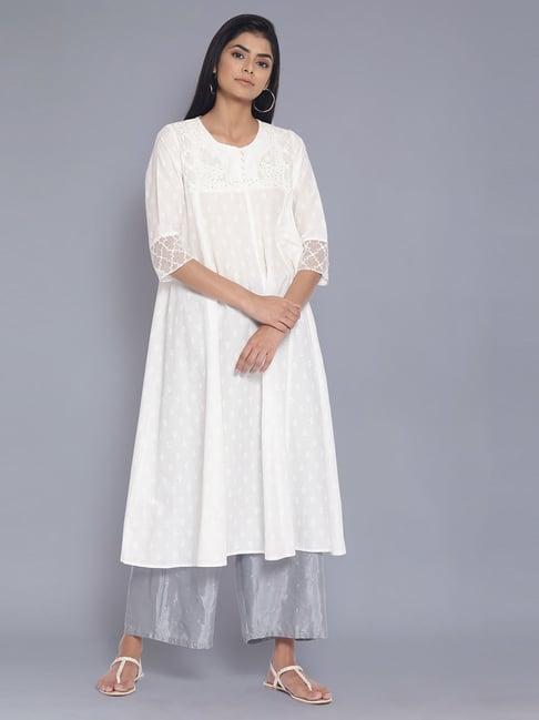 w ecru all-over print panelled flared kurta