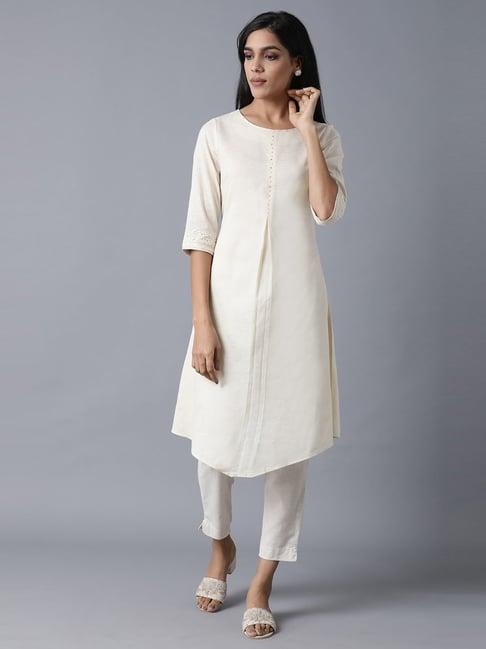 w ecru cotton a line kurta