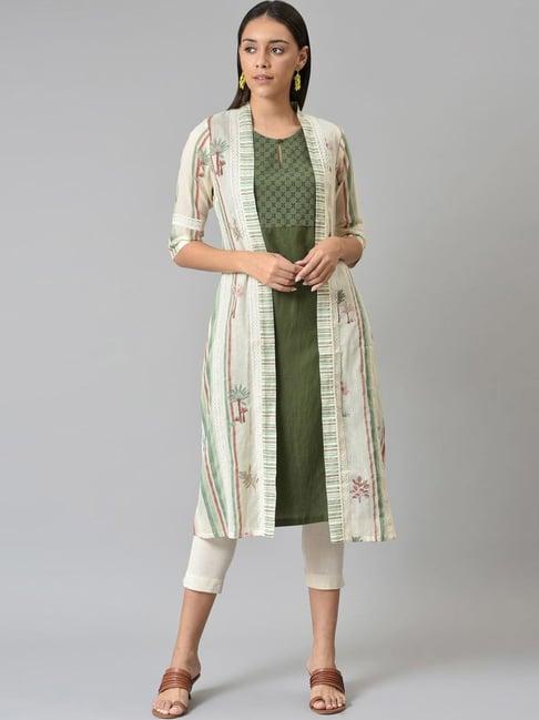 w ecru cotton floral print kurta with jacket