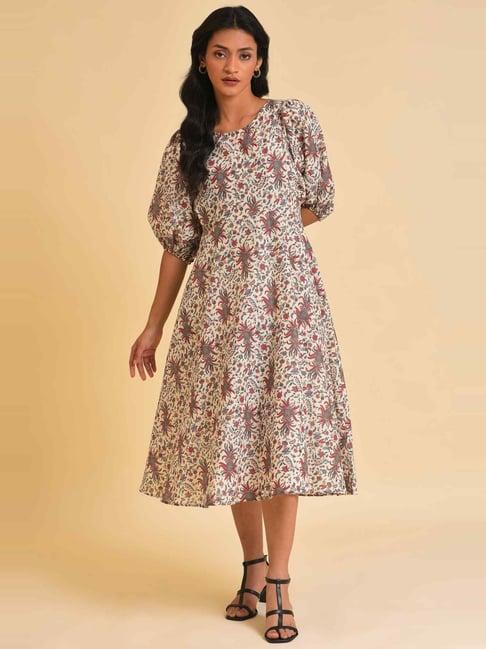 w ecru cotton printed a-line dress