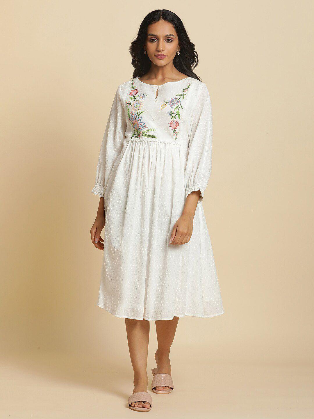 w embroidered puff sleeves fit & flare midi dress