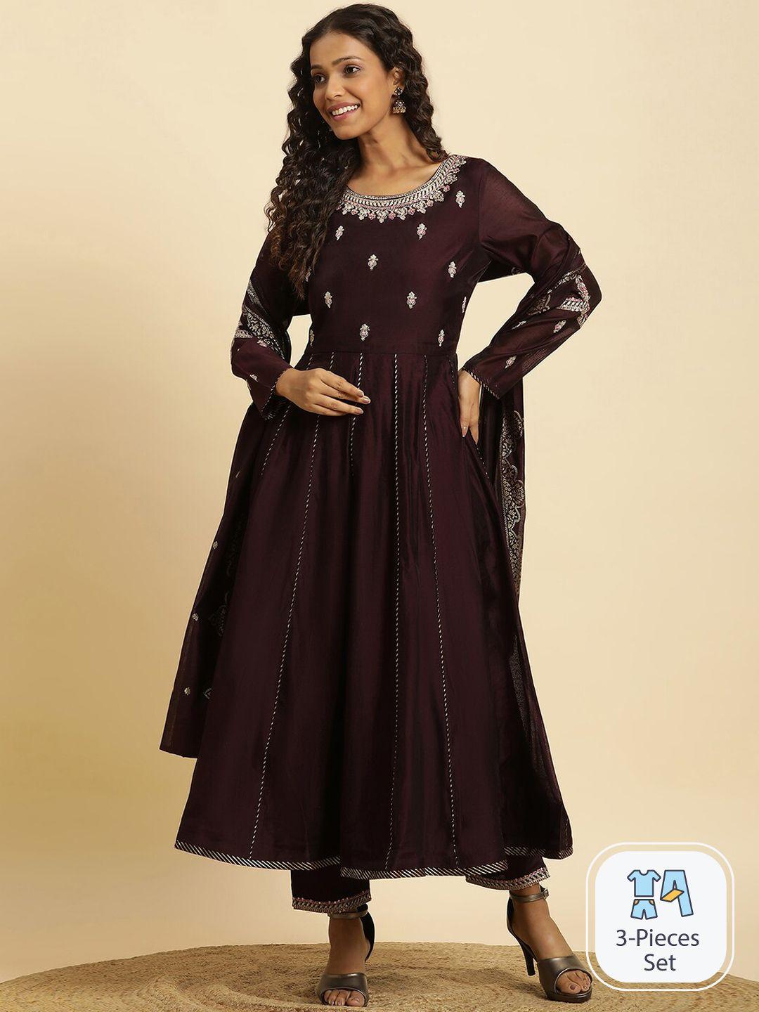 w ethnic motifs embroidered thread work detailed anarkali kurta & trousers with dupatta