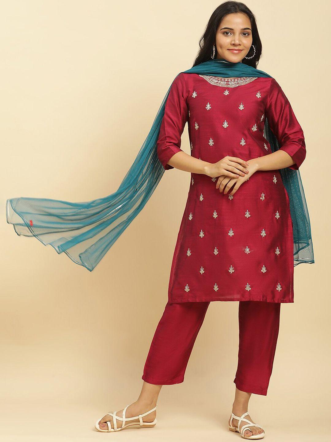 w ethnic motifs embroidered three-quarter sleeve regular kurta with trousers & dupatta