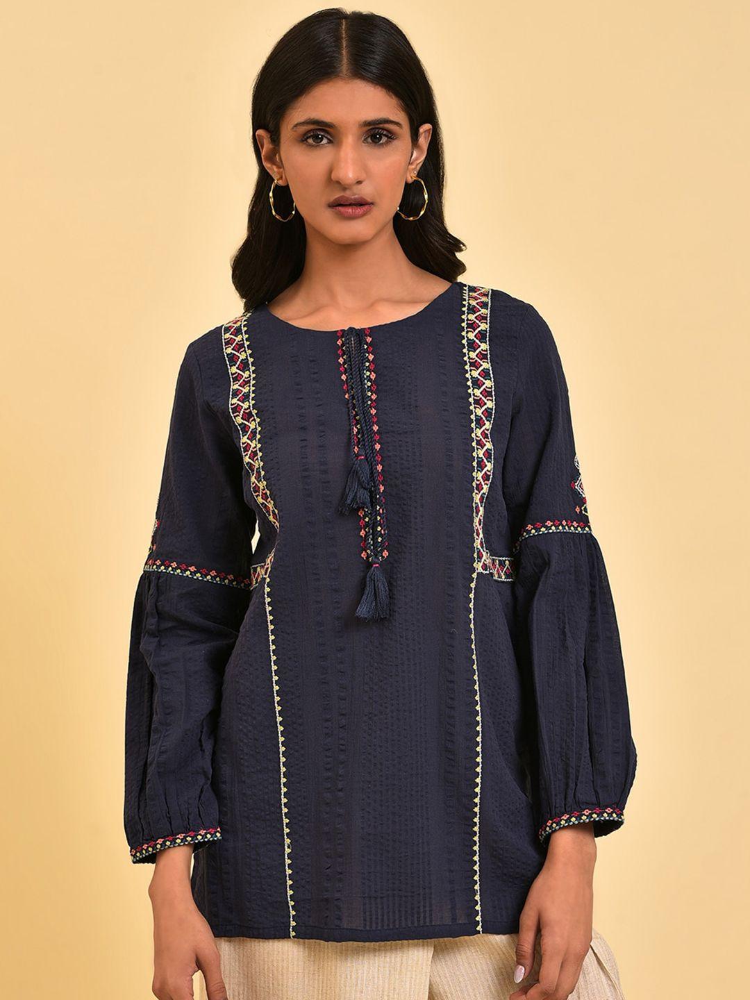 w ethnic motifs embroidered tie-up neck cuffed sleeve cotton regular top