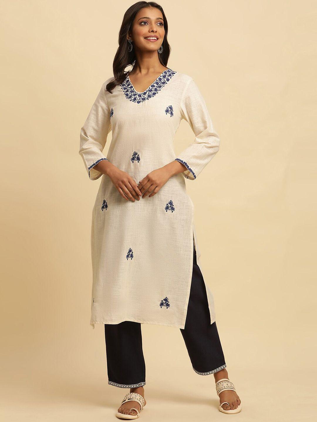 w ethnic motifs embroidered v-neck pure cotton straight kurta