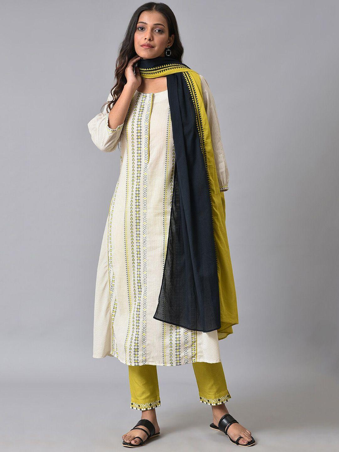 w ethnic motifs printed a-line pure cotton kurta with trousers & dupatta