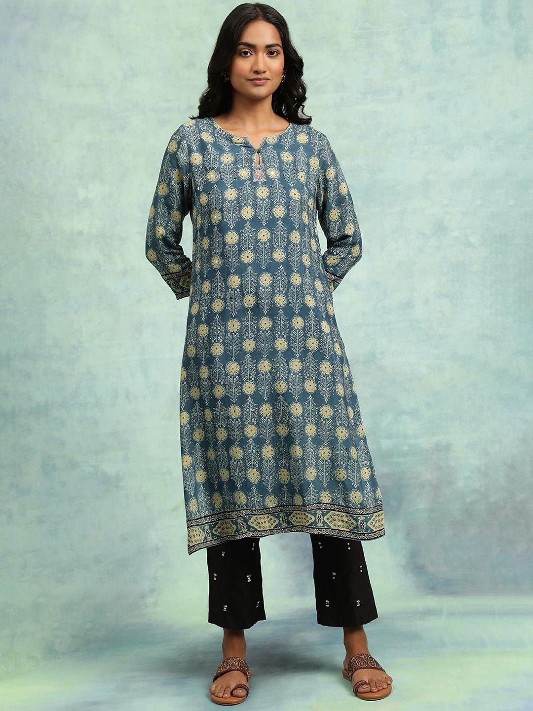 w ethnic motifs printed keyhole neck straight kurta