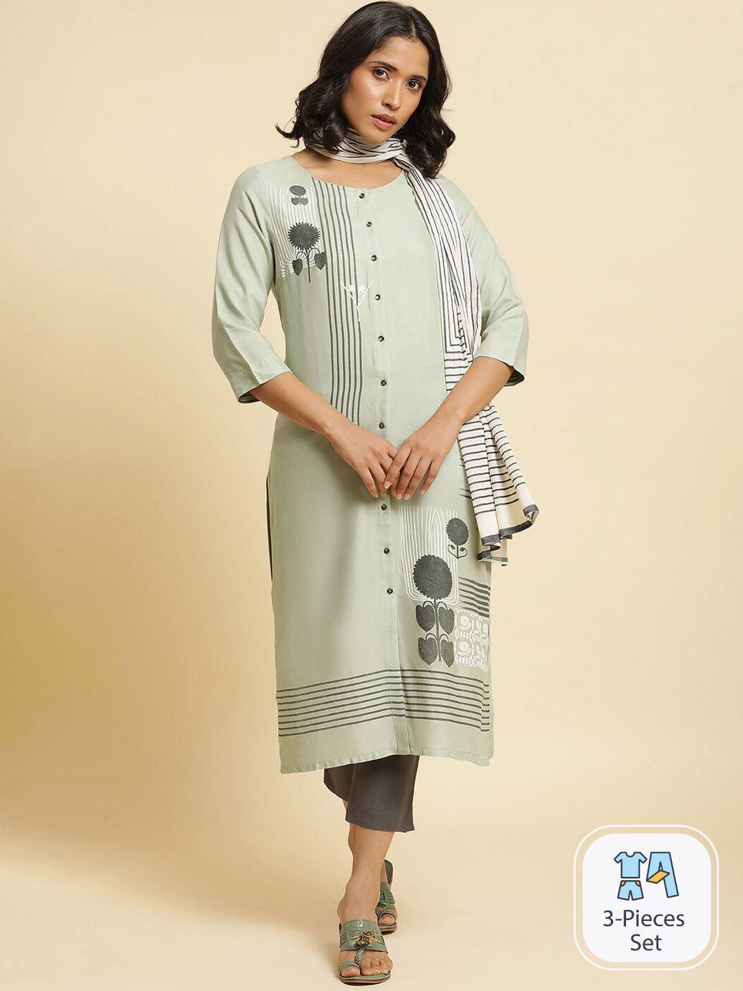 w ethnic motifs printed straight kurta with trousers & dupatta