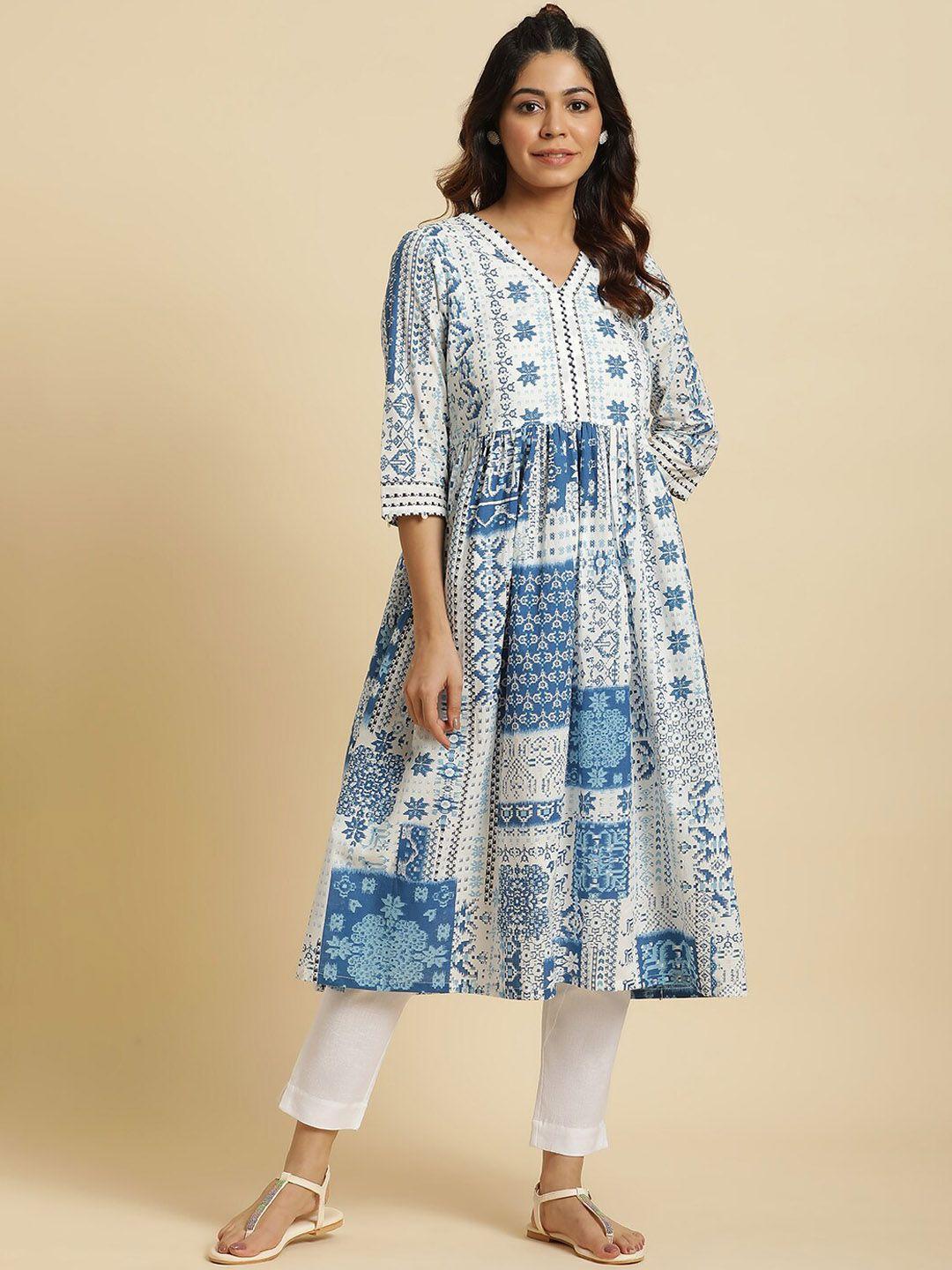 w ethnic motifs printed v-neck pure cotton a-line kurta