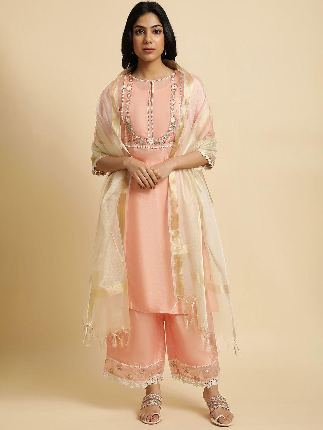 w floral embroidered regular thread work kurta with trousers & dupatta