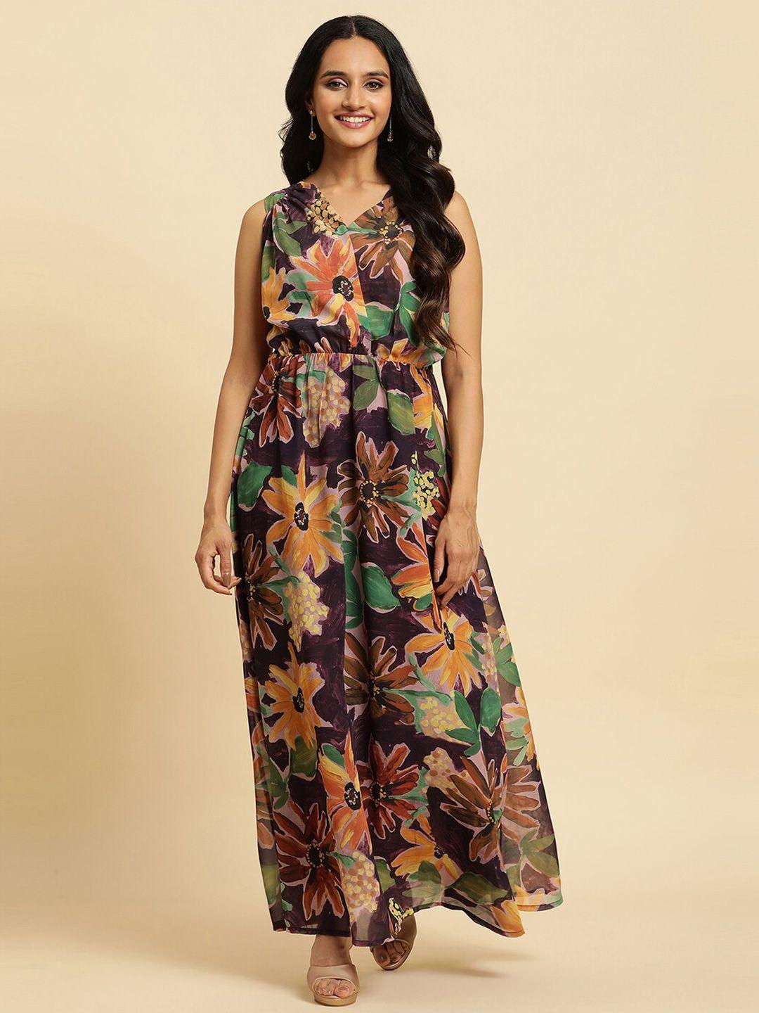 w floral print v-neck sleeveless maxi dress