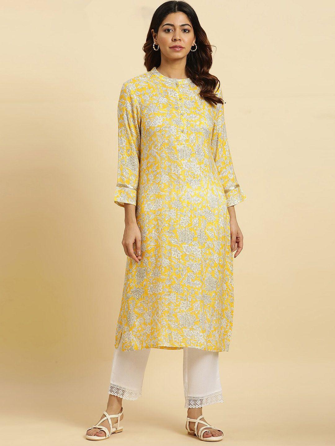 w floral printed band collar sequinned detailed straight kurta