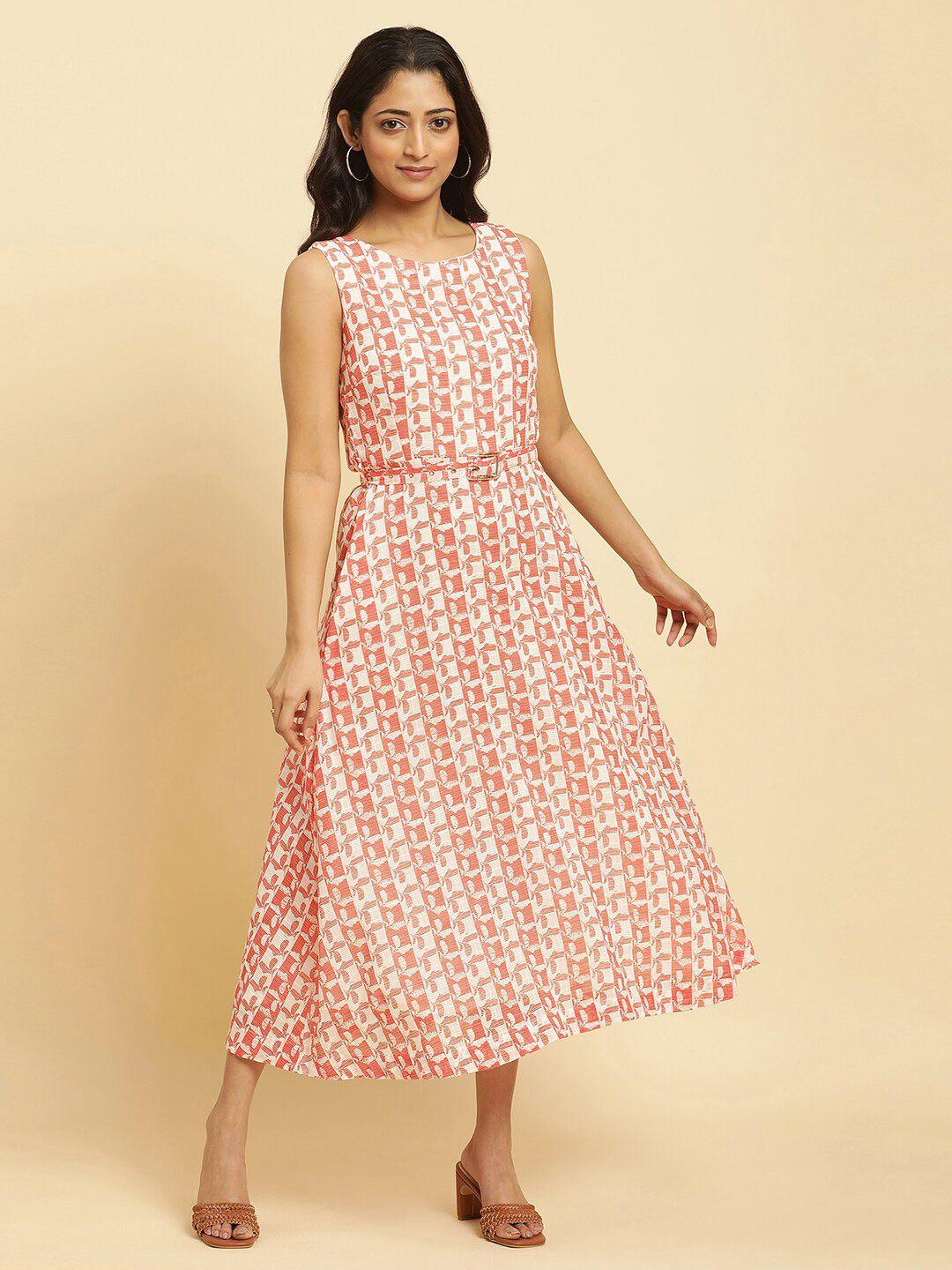 w floral printed belted pure cotton a-line midi dress