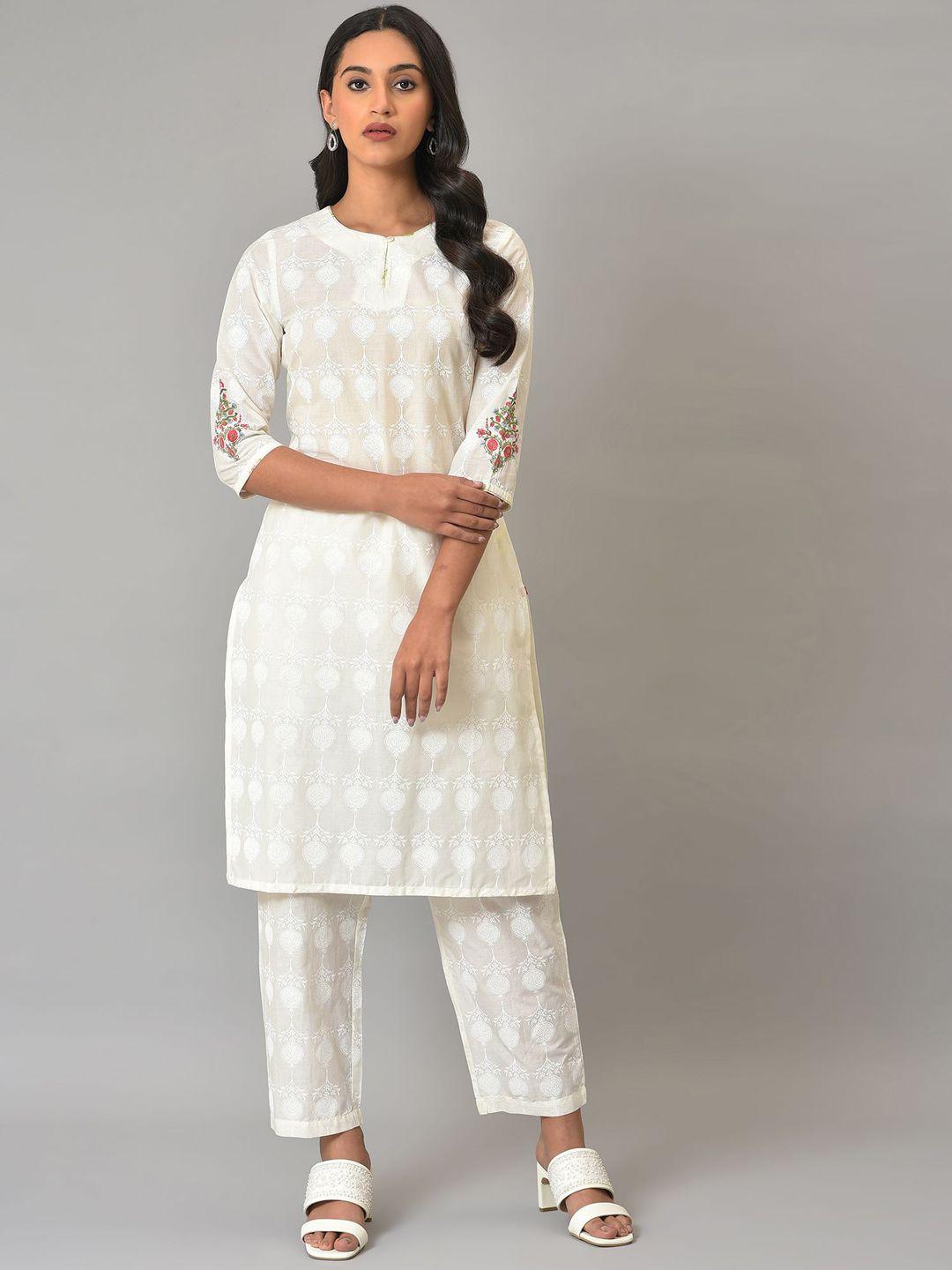 w floral printed keyhole neck pure cotton kurta with trousers