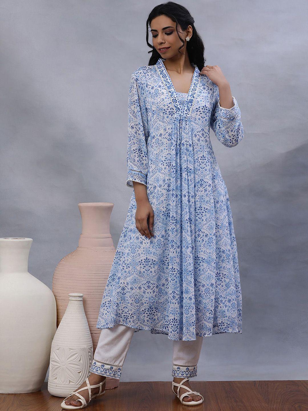 w floral printed pure cotton pleated anarkali kurta with trouser
