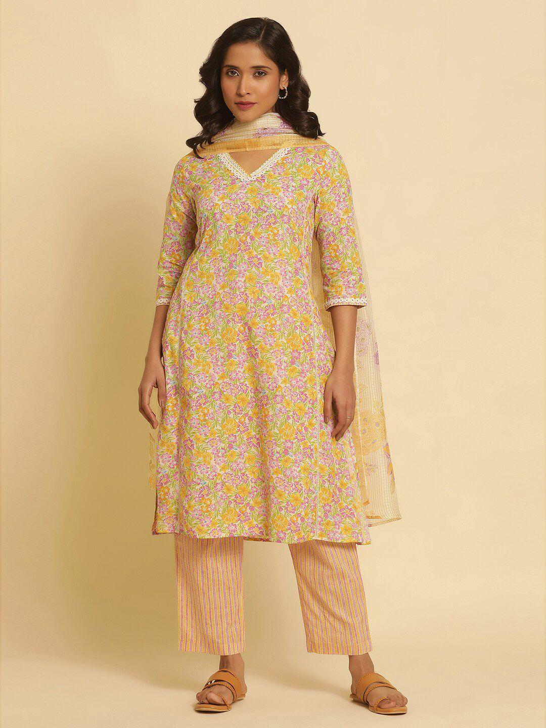 w floral printed pure cotton straight kurta with trouser & dupatta