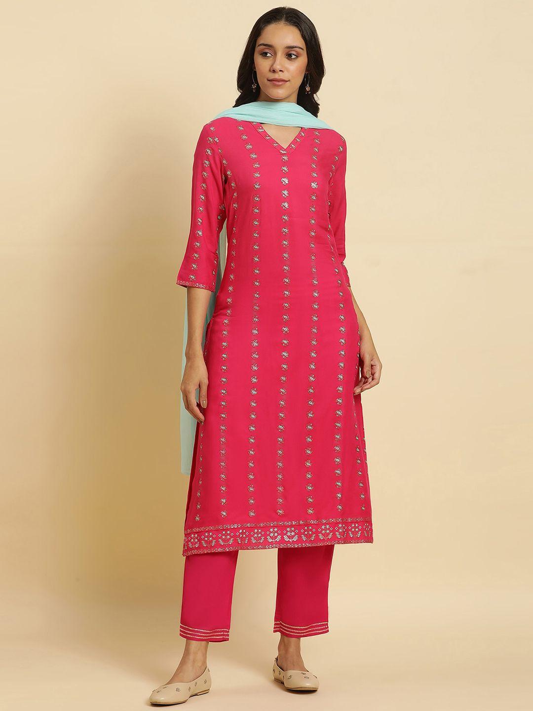 w floral printed regular kurta with trousers & dupatta