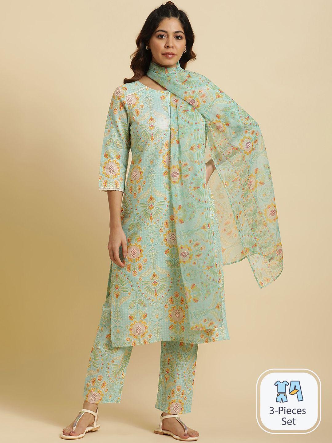 w floral printed regular pure cotton kurta with trousers & dupatta