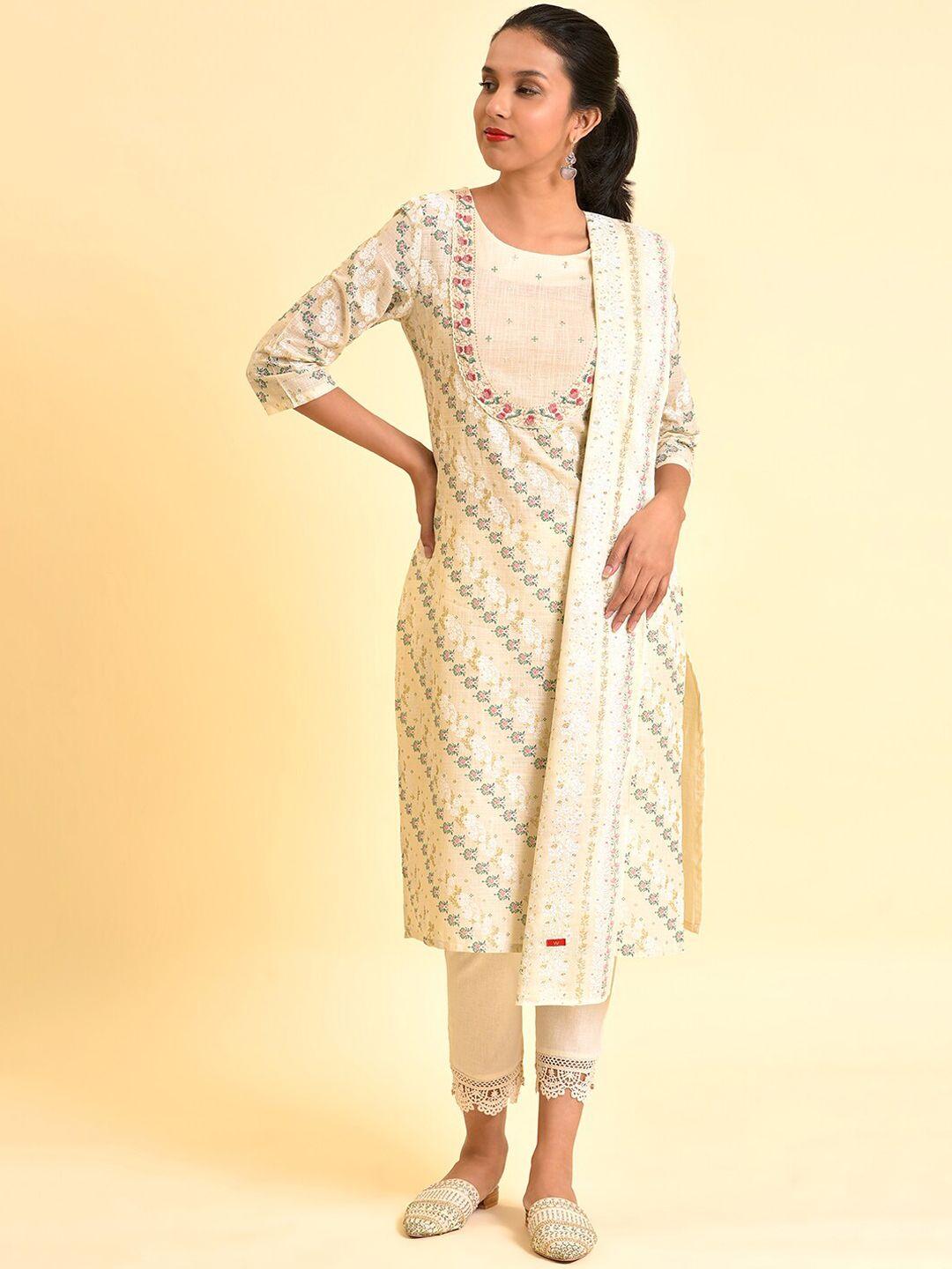 w floral printed regular thread work pure cotton kurta with trousers & dupatta