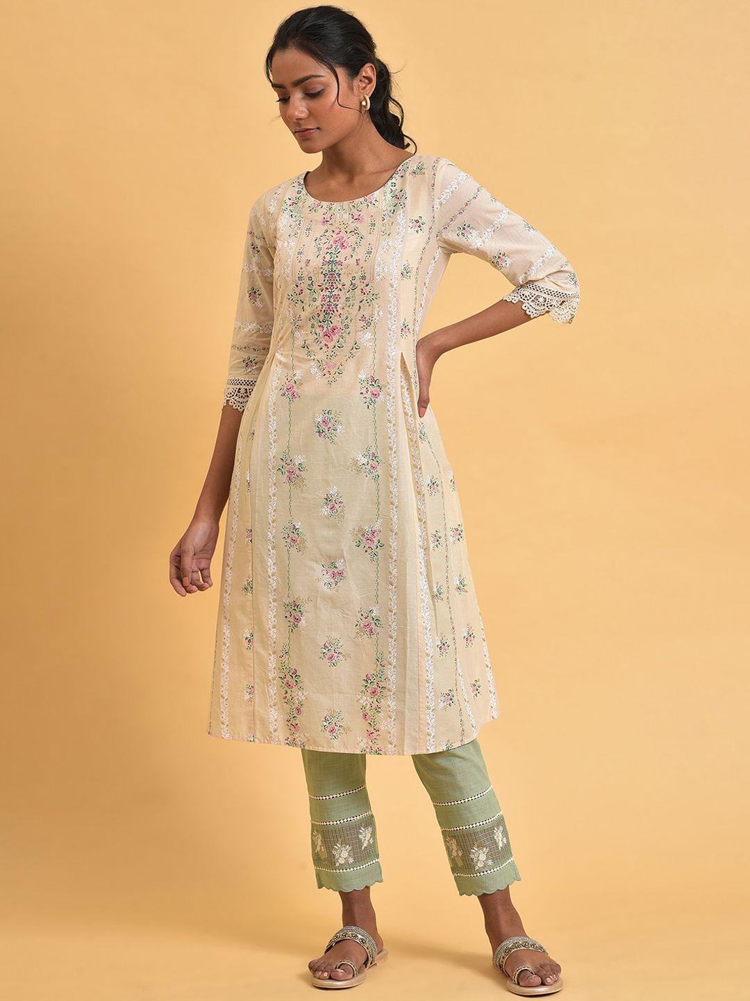 w floral printed round neck pure cotton a-line kurta