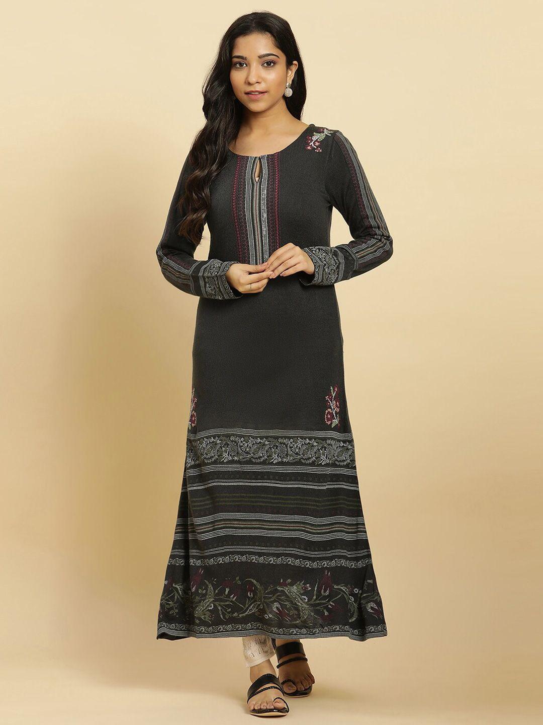 w floral printed round neck thread work kurta