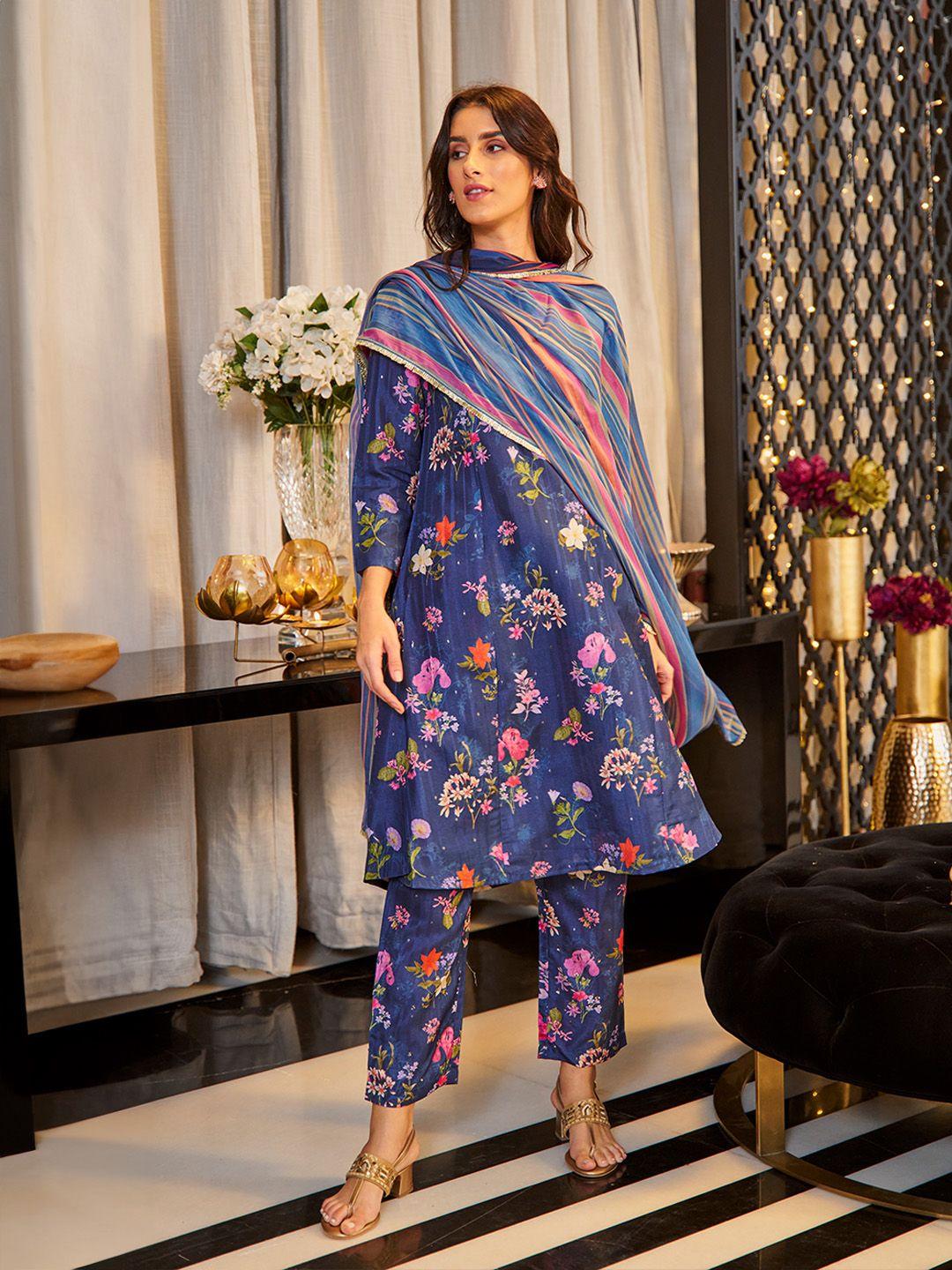 w floral printed sequinned detailed a-line kurta & trousers with dupatta