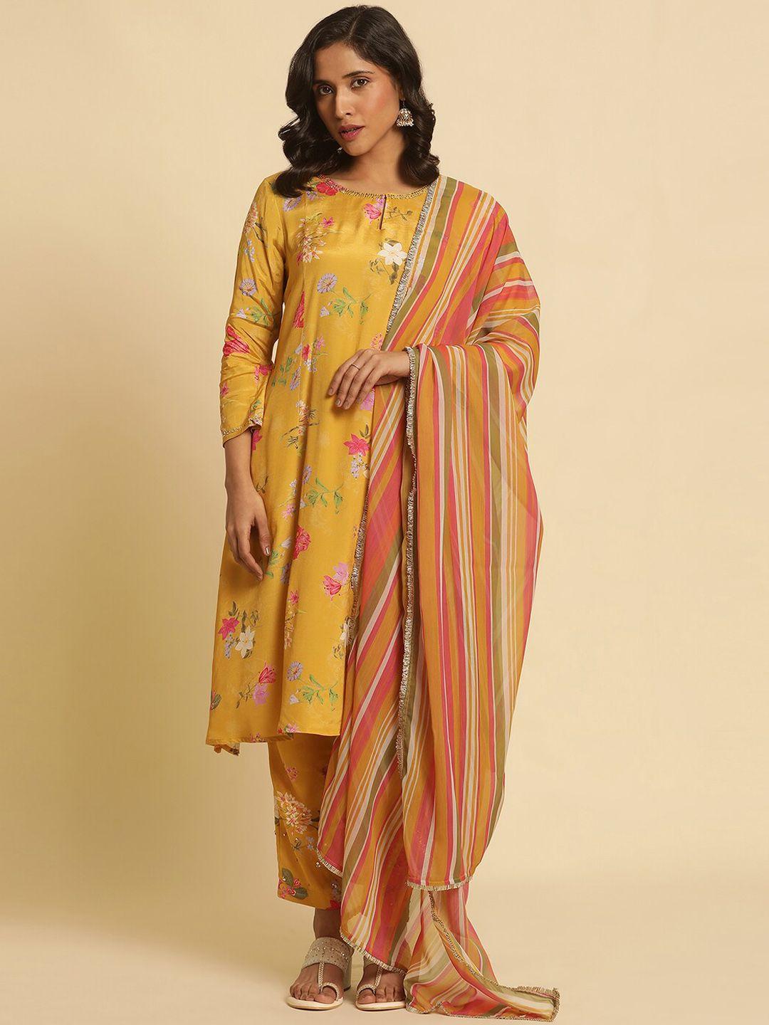 w floral printed sequinned keyhole neck straight kurta with trouser & dupatta