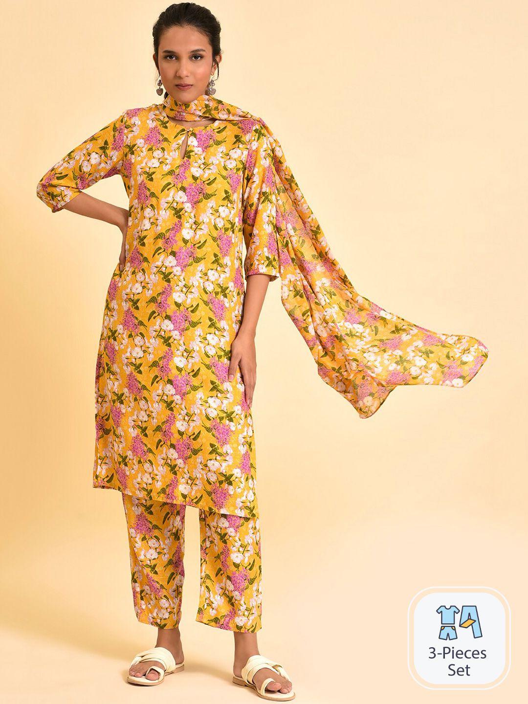 w floral printed straight kurta with trousers & with dupatta