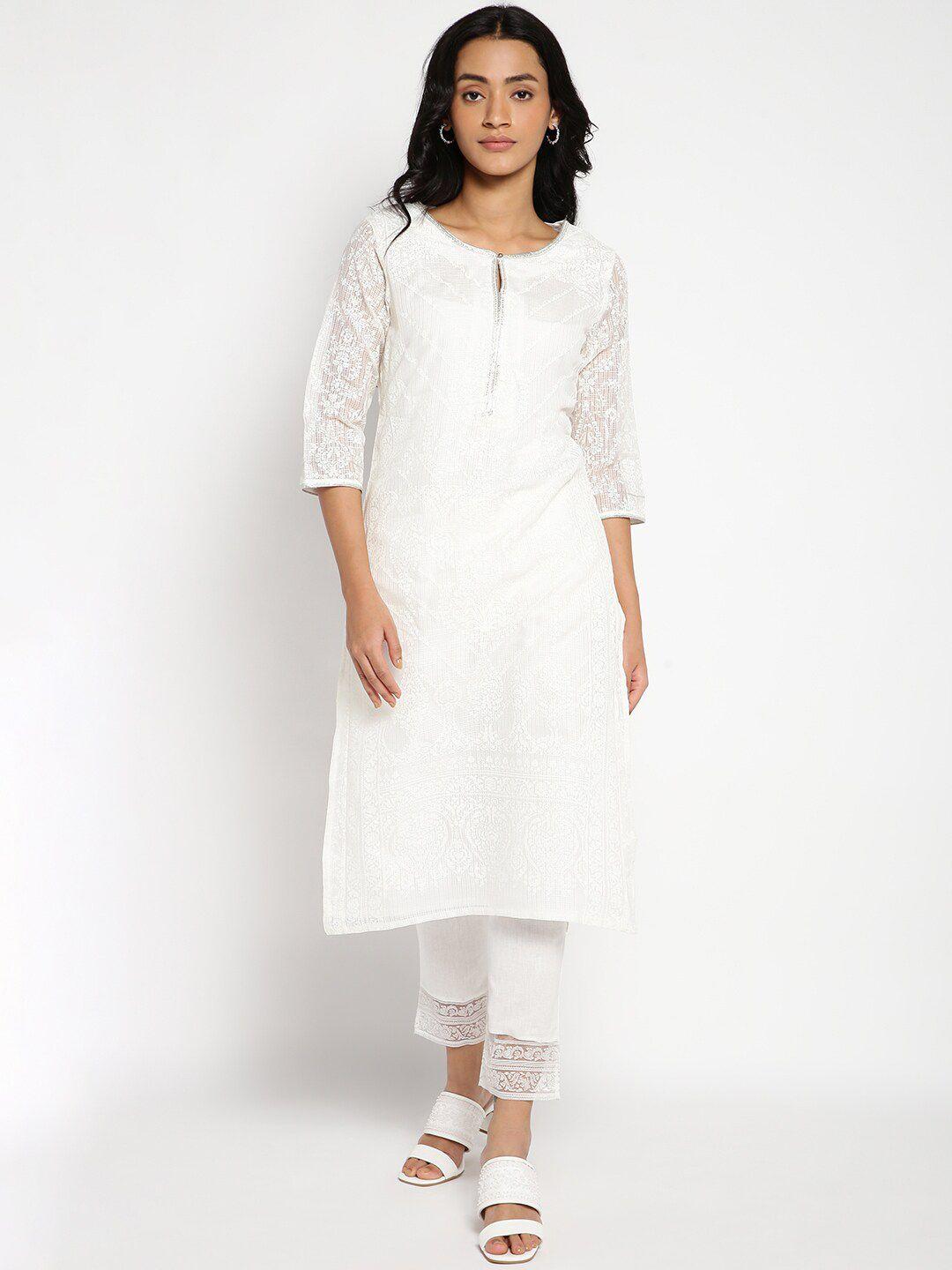 w floral printed thread work kurta with trousers