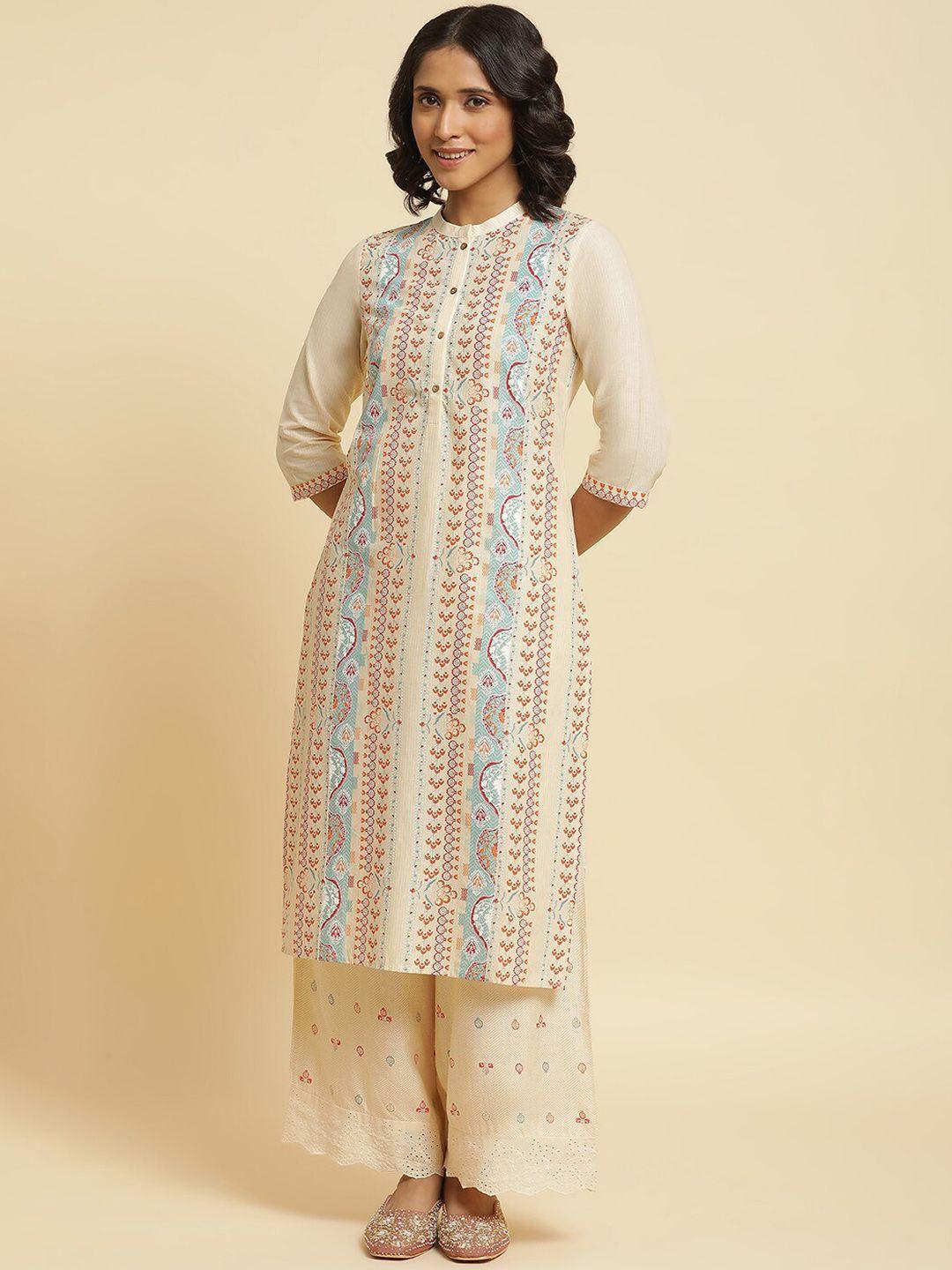 w floral printed thread work pure cotton kurta with trousers