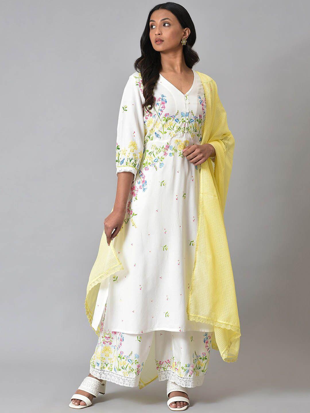 w floral printed v neck a-line kurta with palazzos & dupatta