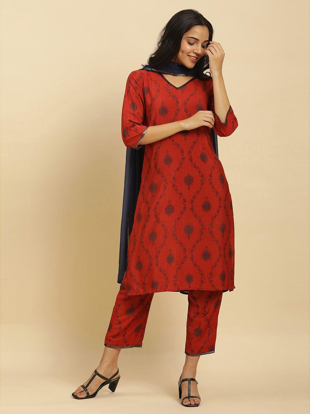 w floral woven design v-neck regular sequinned kurta with trousers & dupatta