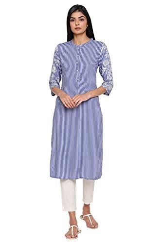 w for woman blue casual stripes print rayon straight kurta_21auw17174-117890_s