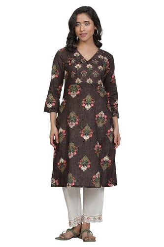 w for woman brown floral print cotton straight kurta_24few11016-123351_2xl