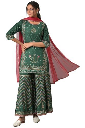 w for woman dark green glitter floral printed kurta with sharara pants and pink dupatta_22auws18122-119951_xs