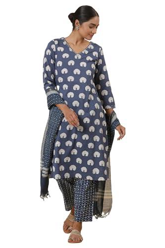 w for woman folksong blue printed cotton straight kurta, salwar pant & dupatta_24mafs11931-910893_m