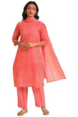 w for woman geometric knee length cotton woven women's kurta pant dupatta set (red,xl)