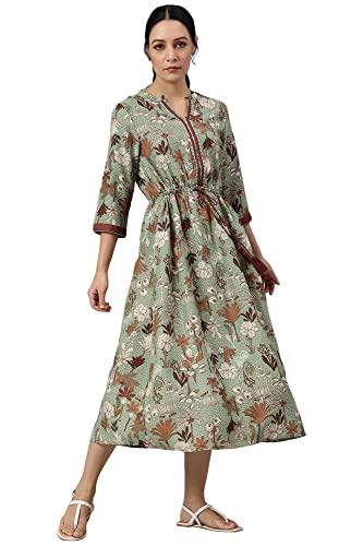 w for woman green printed gathered western dress