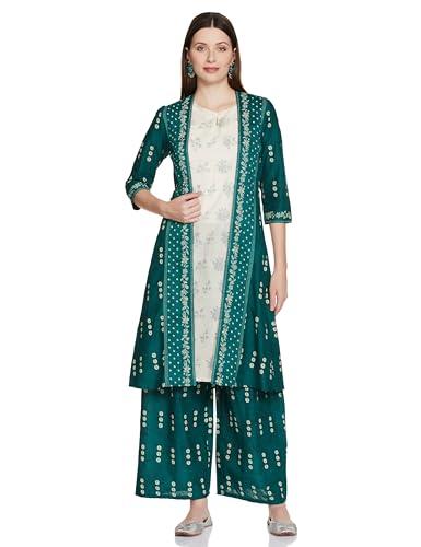 w for woman green printed gilet with off-white kurta and green parallel pants set_22auws18101-119711_xs