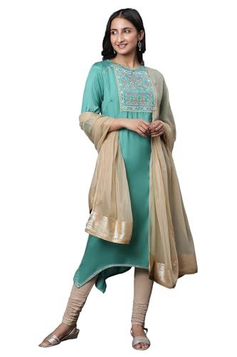 w for woman marine green embroidered asymmetrical kurta, churidar and dupatta set_22auws17913b-217324_l