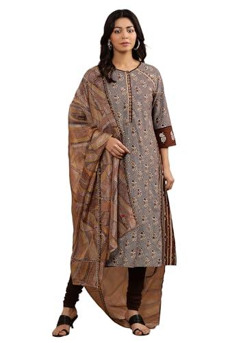 w for woman w women brown printed viscose a-line kurta set with churidar & dupatta_24onws18154-118745_s