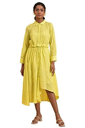 w for woman women's cotton green gathered shirt collar dress calf length (23few18705-312376_celery 18)