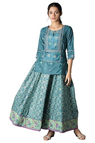 w for woman women's polyester ankle length green printed attached 'top and skirt' dress (22few17901-118994_forest 3xl)