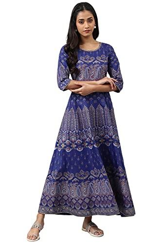 w for woman women's polyester indigo paisley print flared festive dress ankle length 22auw18252-119049