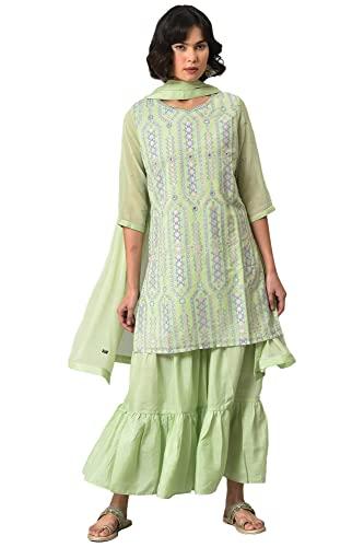 w for woman women's polyester kurta, sharara & dupatta (22fesp10755-117783_light green_m)