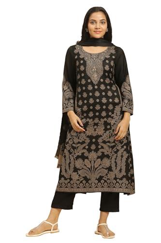 w for woman women's polyester kurta, straight pant & shawl (23nows10245-313412_black