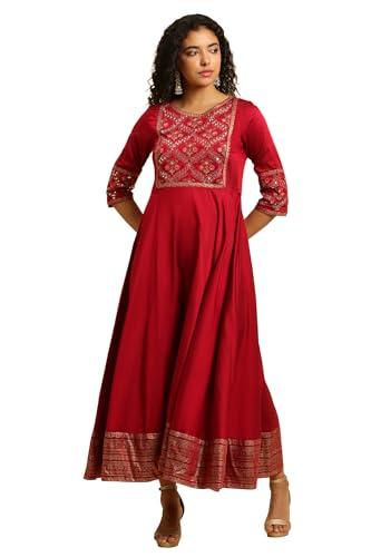 w for woman women's polyester red panelled embroidered festive dress ankle length (23auw10290-221086_rose 16)