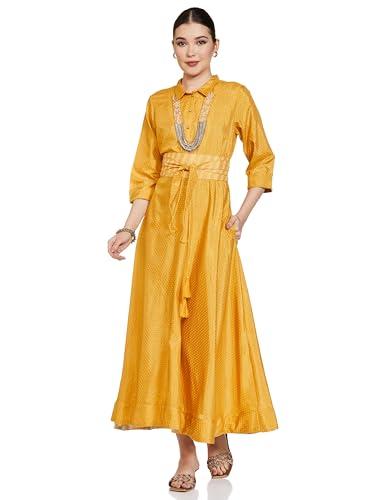 w for woman women's polyester yellow glitter printed shirt dress with embroidered neckpiece ankle length 22auw16786-119946_mustard