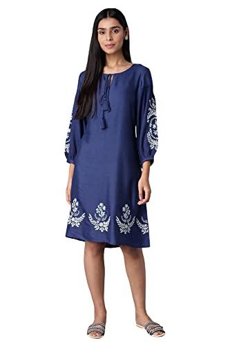 w for woman women's rayon navy blue embroidered dress above the knee (22few15952-216682 s)